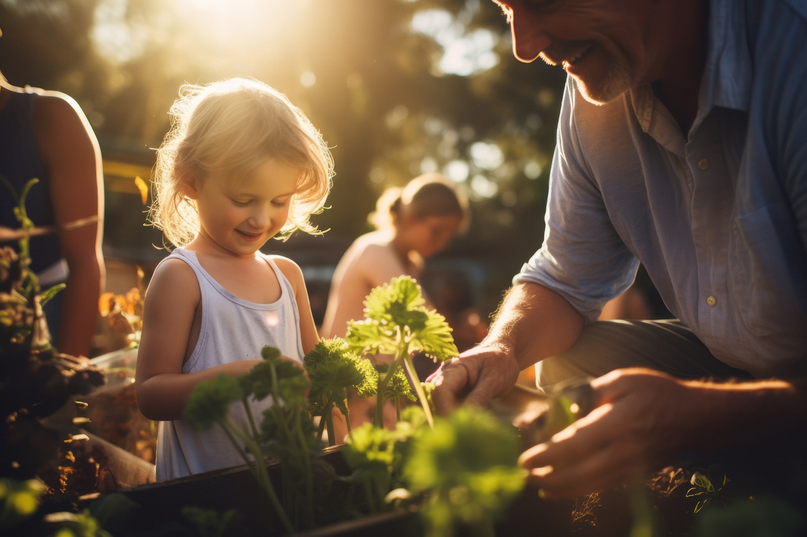 A grandparent and their granddaughter enjoy planting together in a garden.